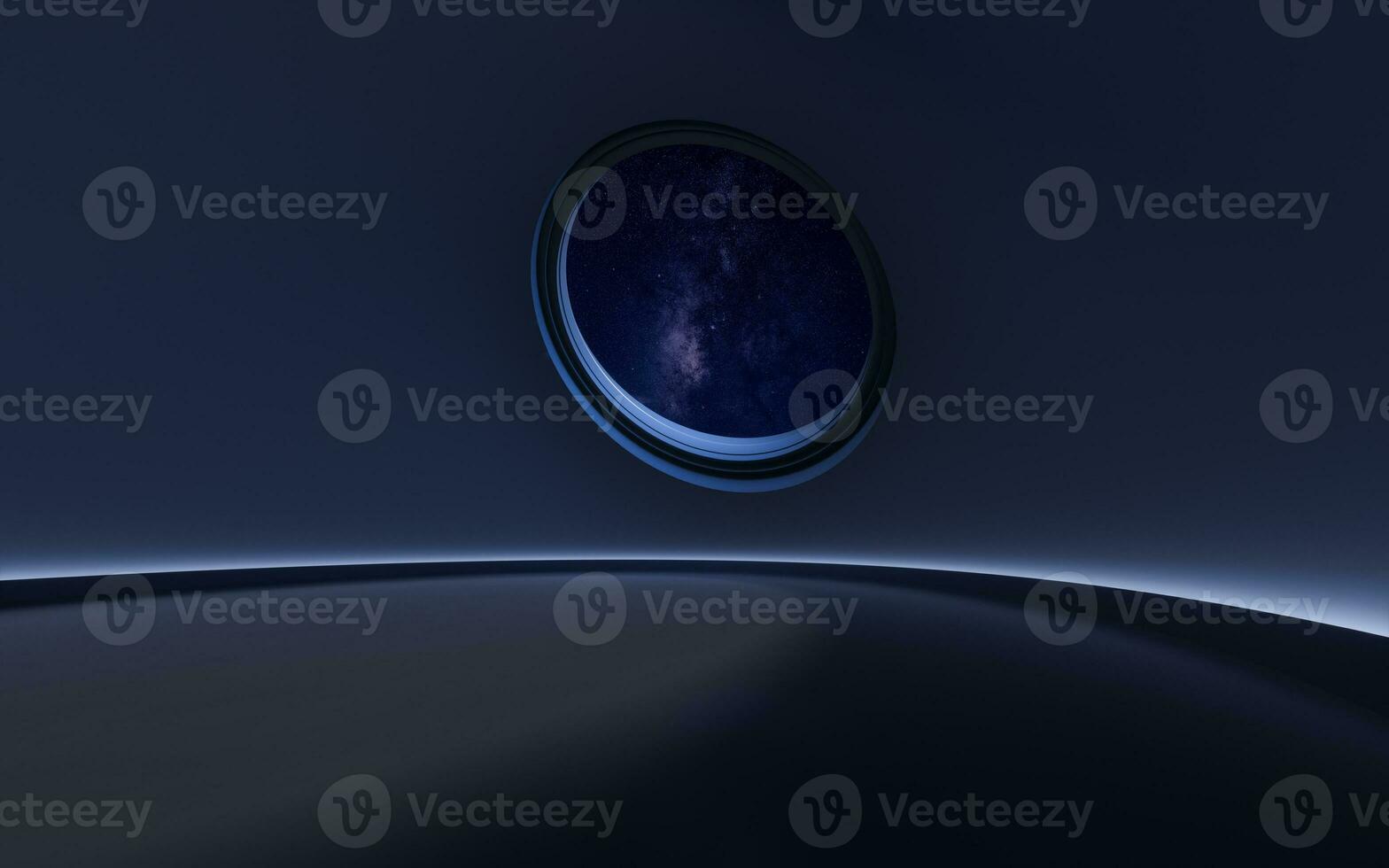 Empty room with round window at night, 3d rendering. photo