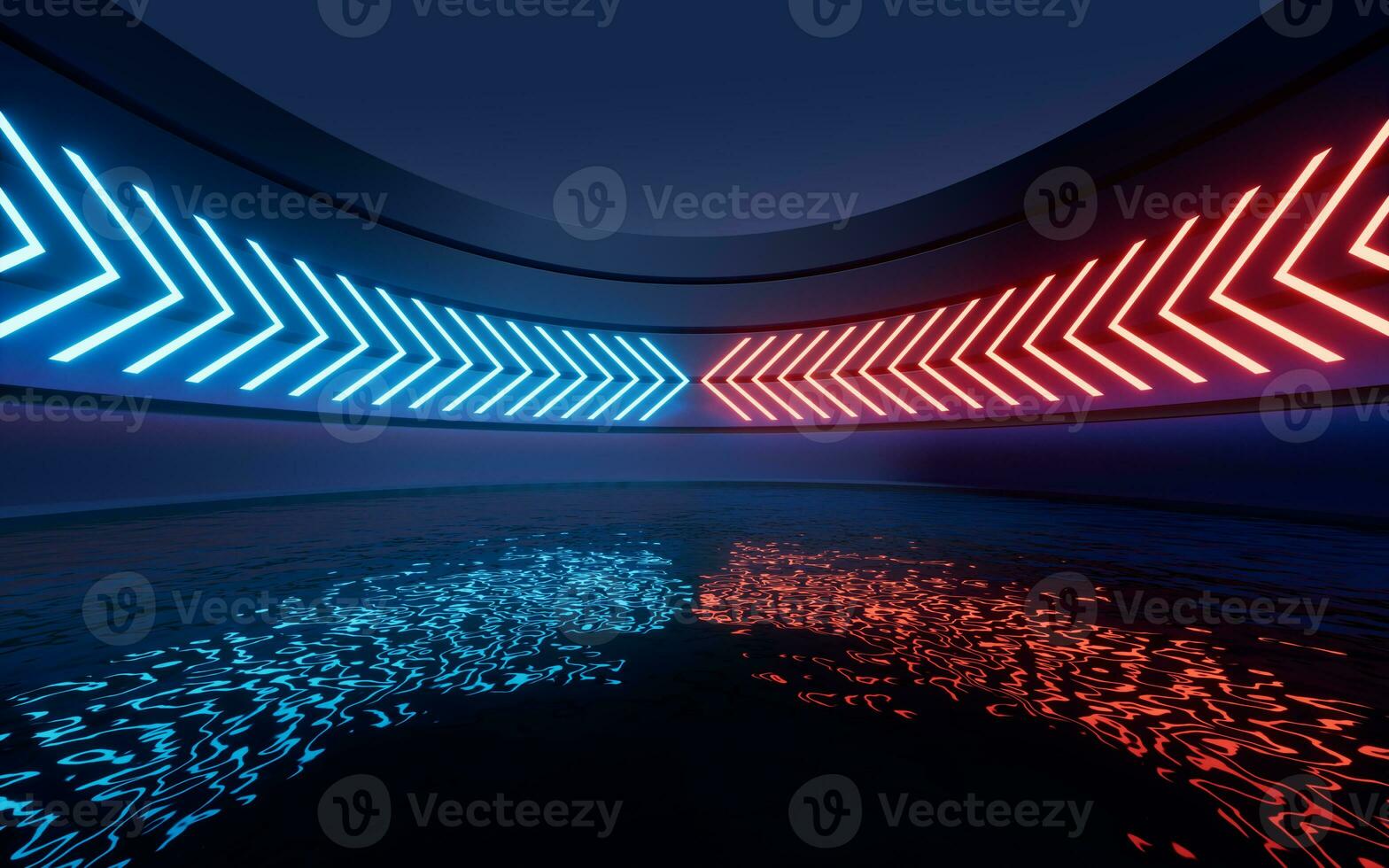 Glowing neon lines with water surface background, 3d rendering. photo
