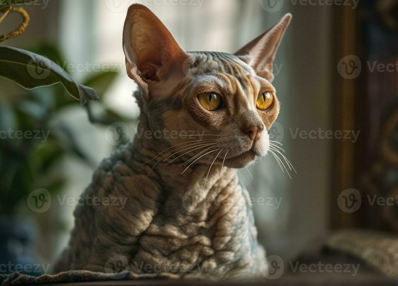 Devon rex cat portrait close up created with Generative AI technology photo