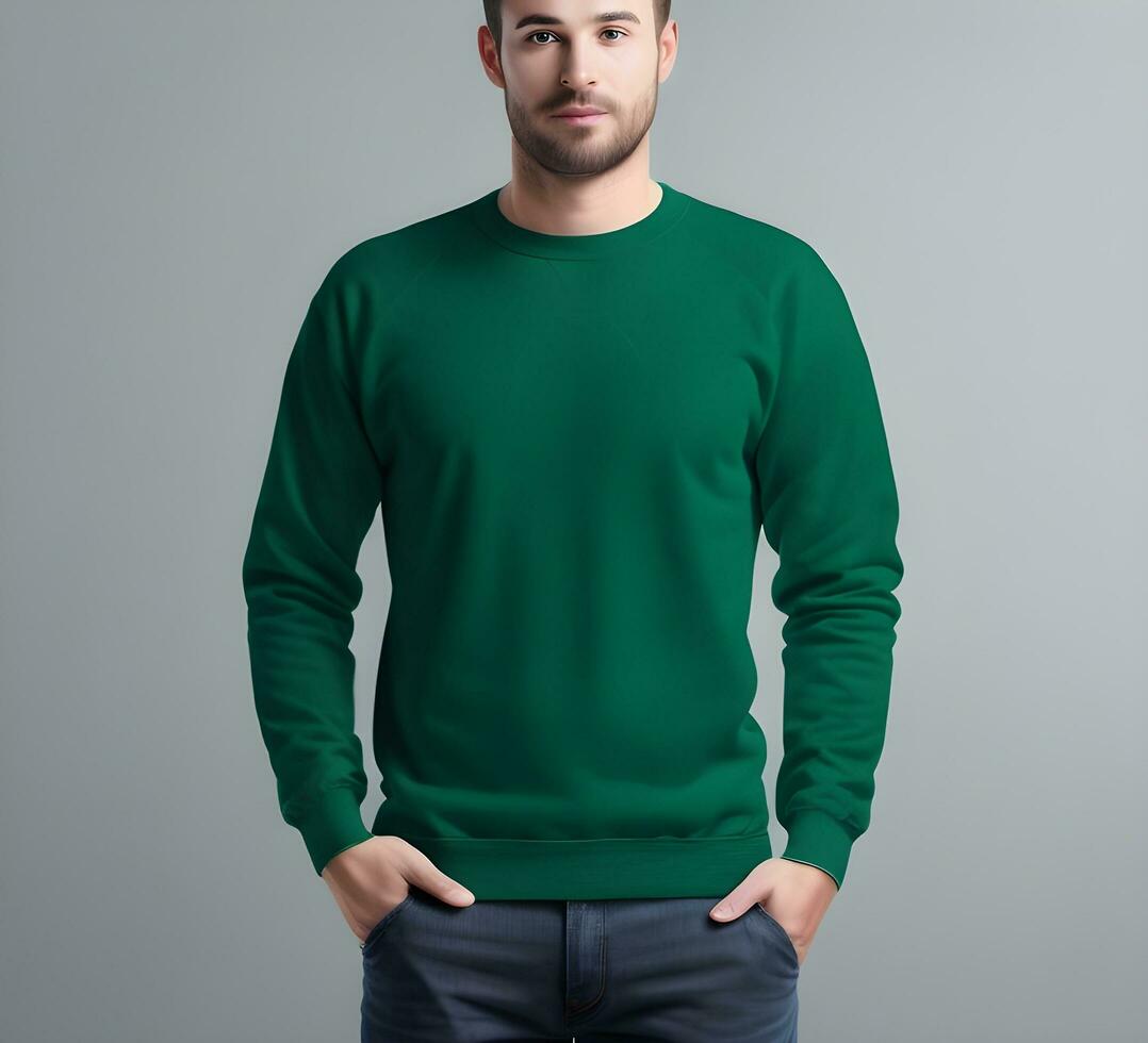 Young man wearing blank green sweater mockup print presentation mockup ai generate photo