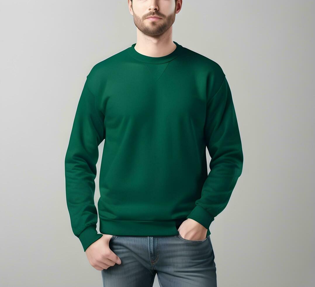 Young man wearing blank green sweater mockup print presentation mockup ai generate photo