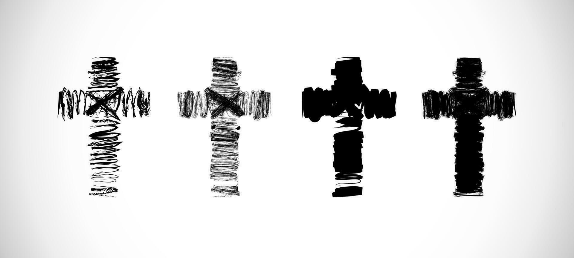 Jesus cross. Set of artistic sketches. Hand drawing style. Black and white concept. Brushing stroke template. Christian church logo element. T shirt graphic idea. Abstract crosses. Grunge design. vector