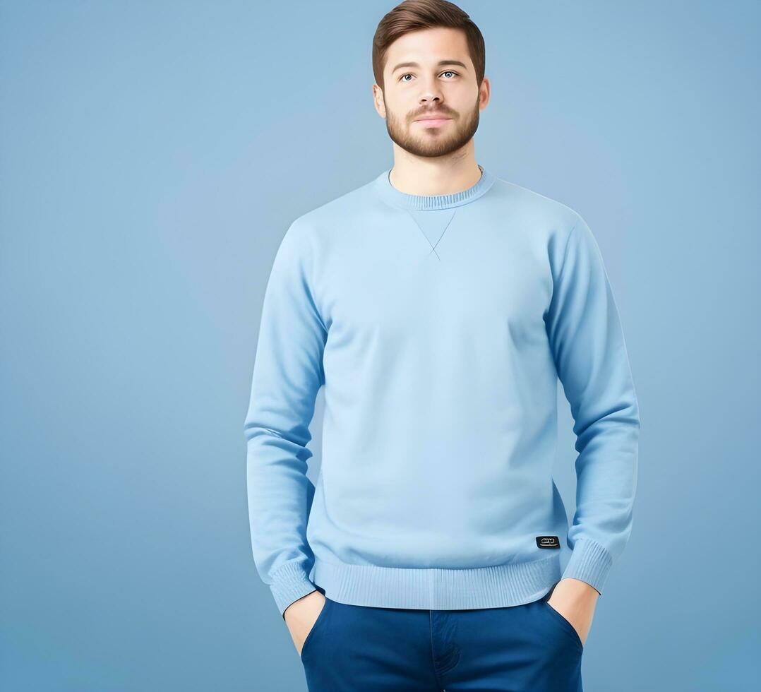 joven hombre vistiendo blanco ligero azul suéter Bosquejo impresión presentación Bosquejo ai generar foto