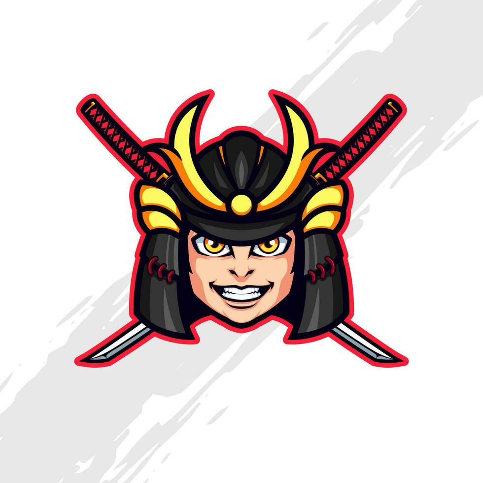 Little Boy in Samurai Helmet with Crossed Katana Mascot Logo vector