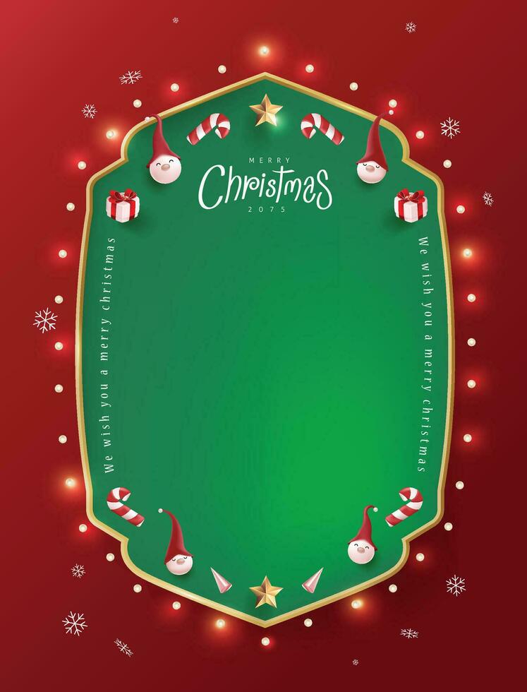 Merry Christmas sign banner frame with empty space and festive decoration on red background vector