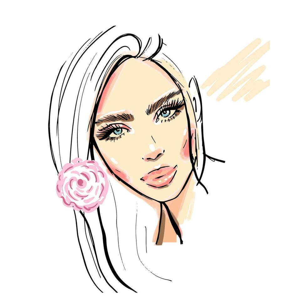 Woman face vector drawing sketch. Abstract portrait fashion illustration.