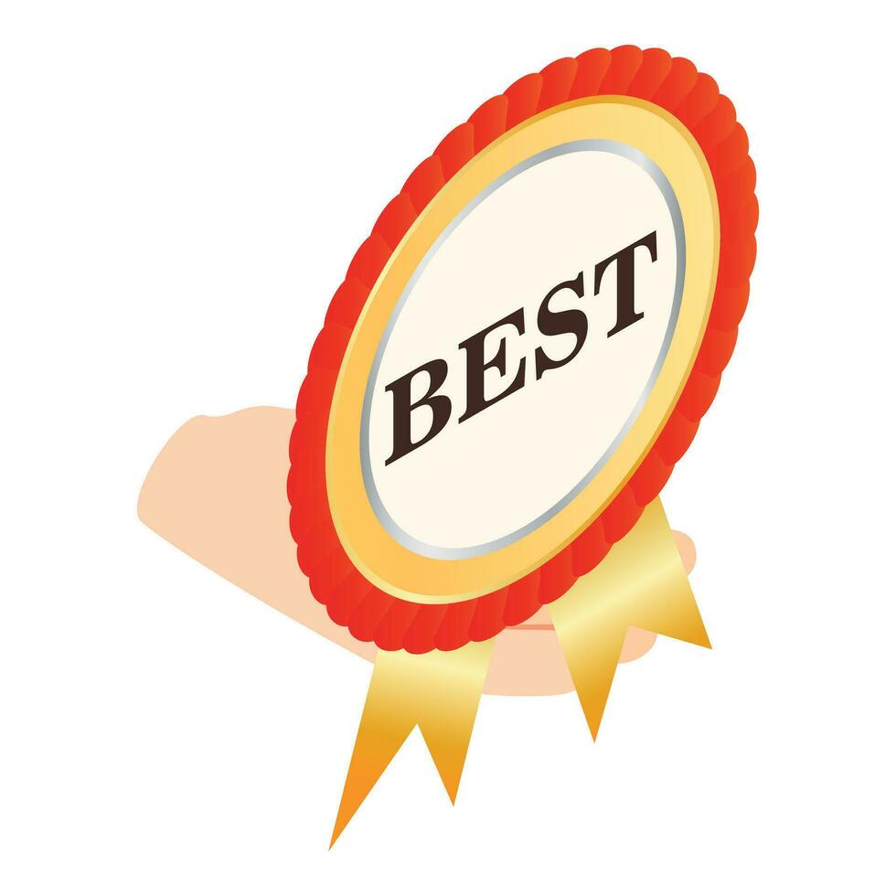 Best symbol icon isometric vector. Golden best quality sign in human hand icon vector