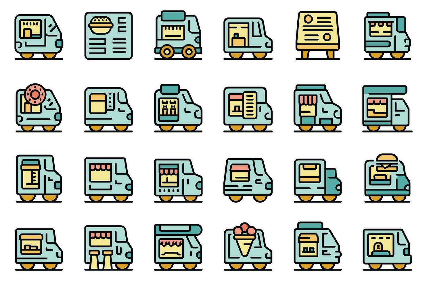 Coffee truck cafe icons set vector line color