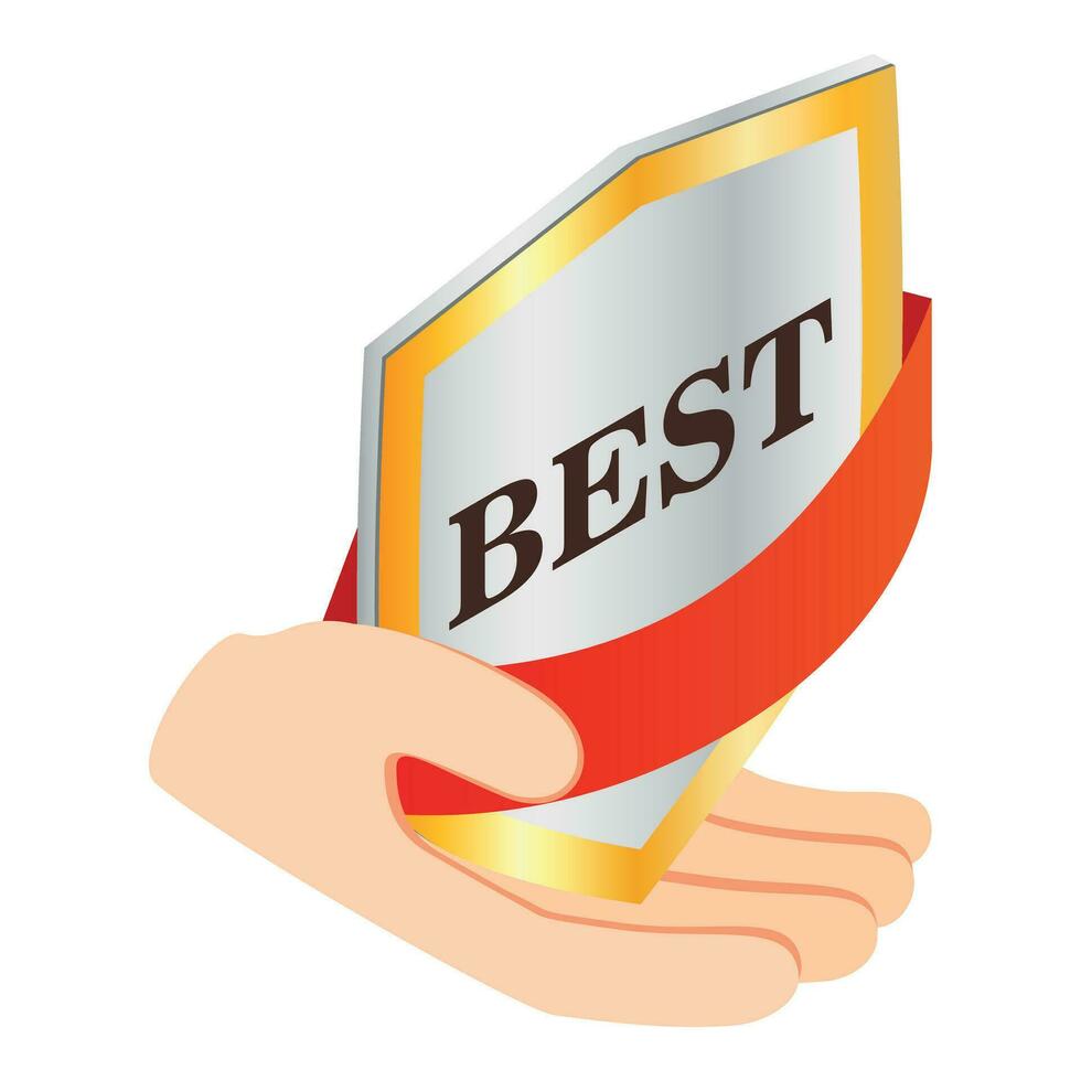 Best choice icon isometric vector. Best quality sign shield in human hand icon vector