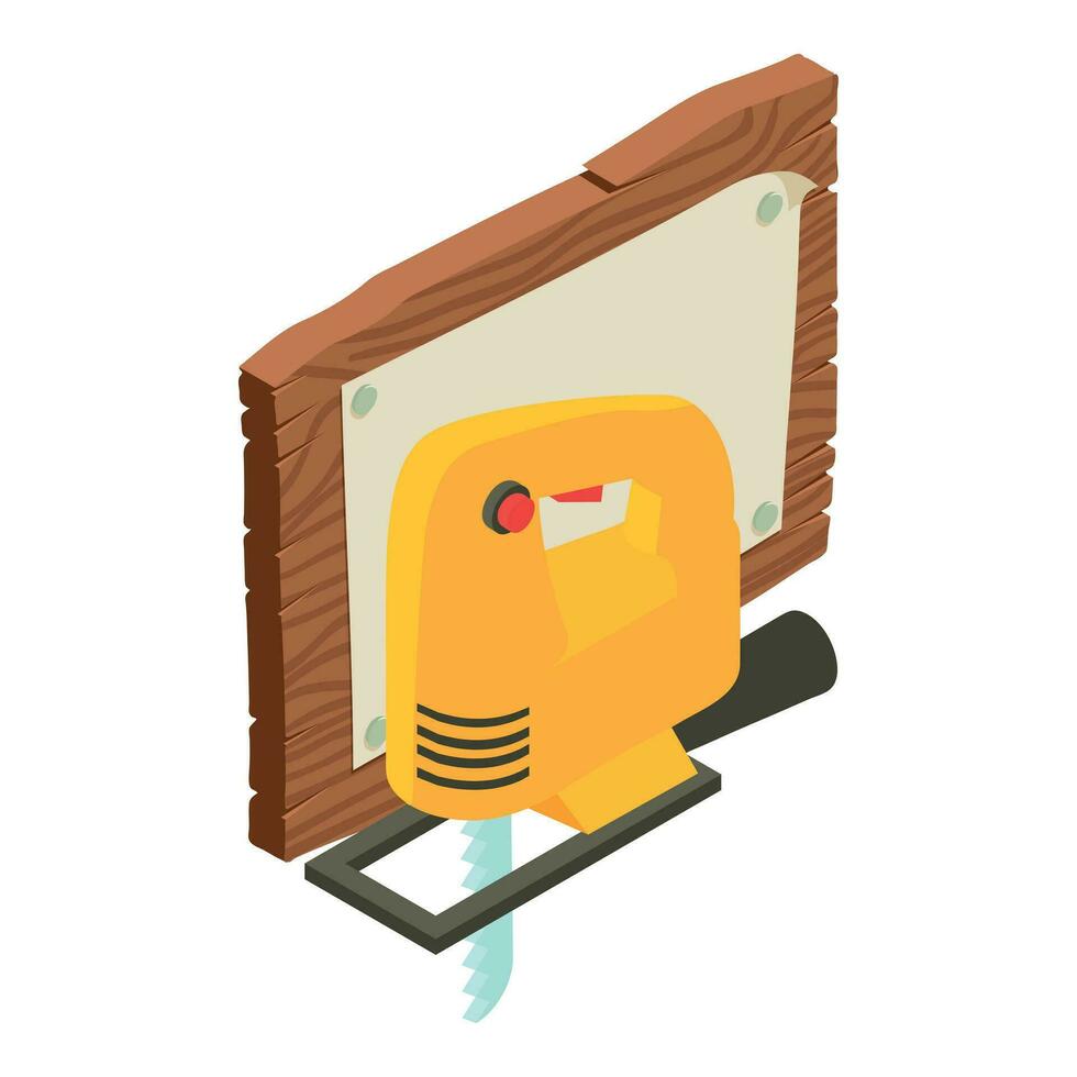 Woodworking icon isometric vector. Electric jigsaw near old wooden board icon vector