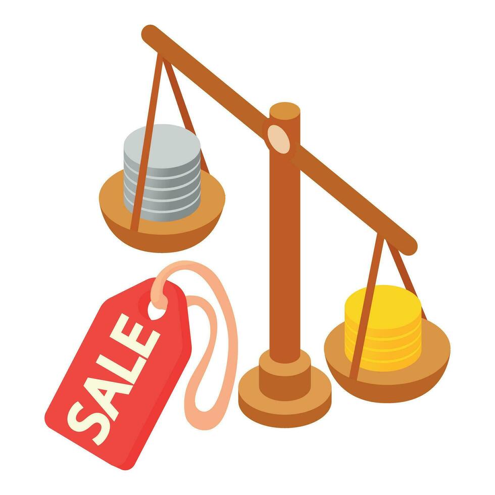 Sale concept icon isometric vector. Big coin scale and tag with inscription sale vector