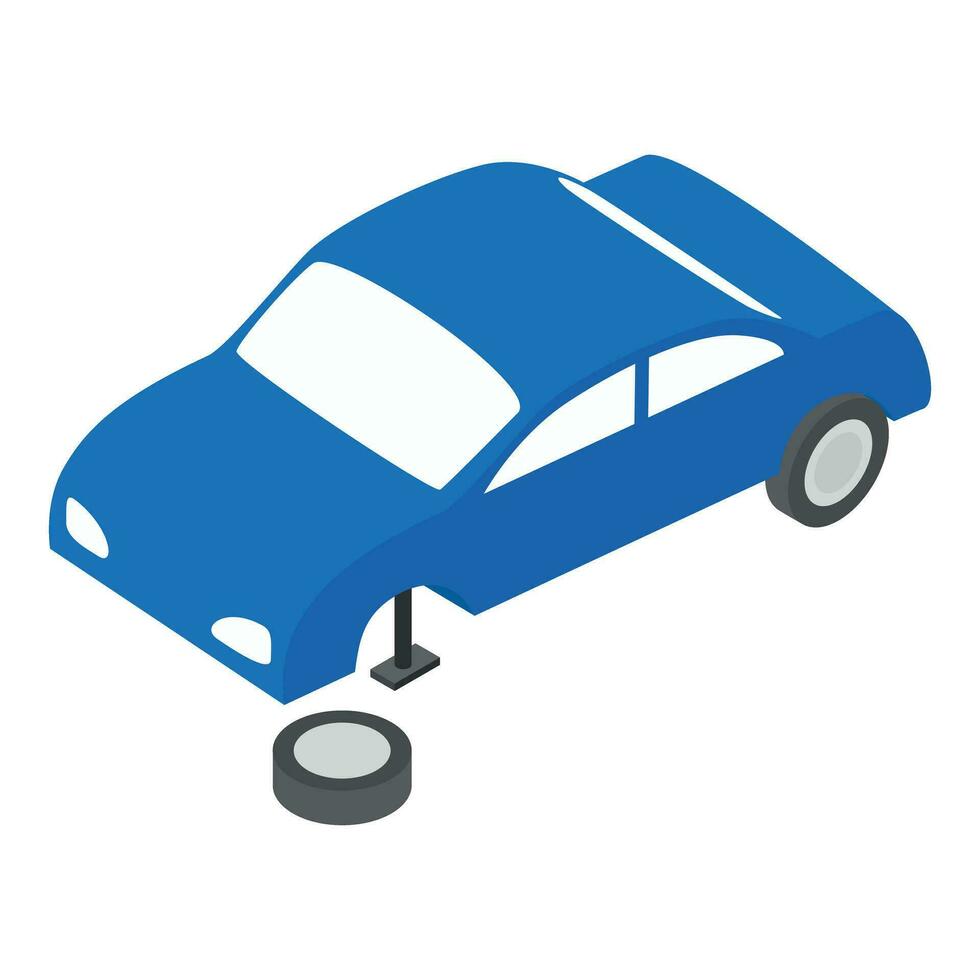 Car service icon isometric vector. Passenger car in process of changing wheel vector