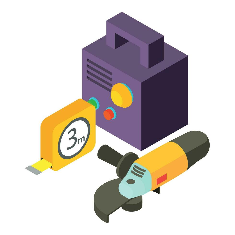 Welding tool icon isometric vector. Inverter welding machine and electric sander vector