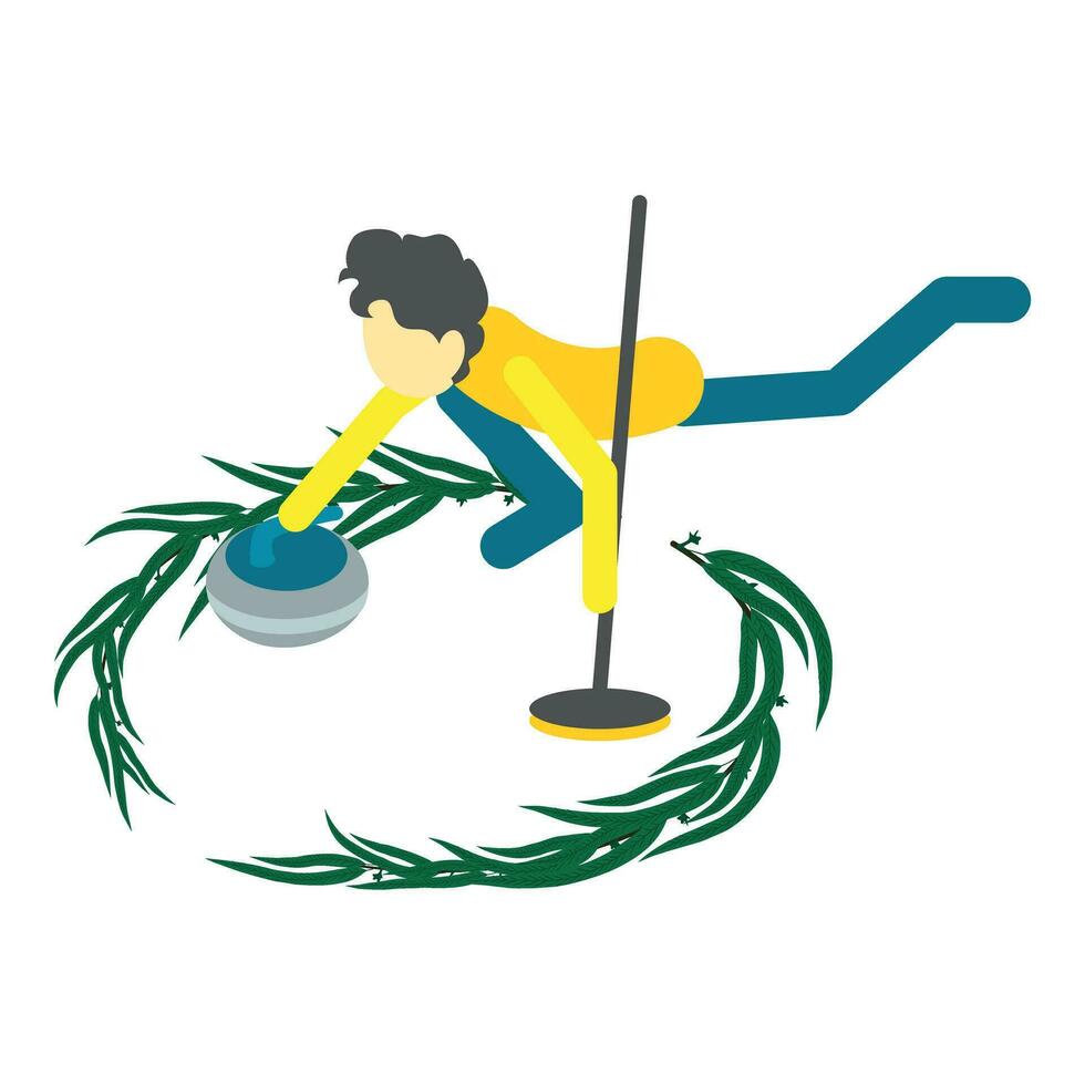 curling deporte icono isométrica vector. atleta con granito Roca para curling juego vector