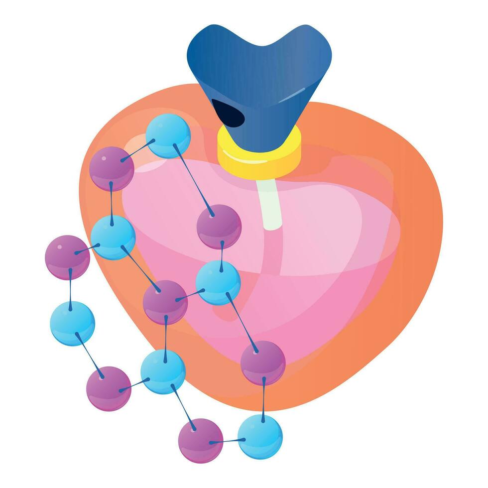 perfume icono isométrica vector. forma corazón botella de perfume y molécula símbolo vector