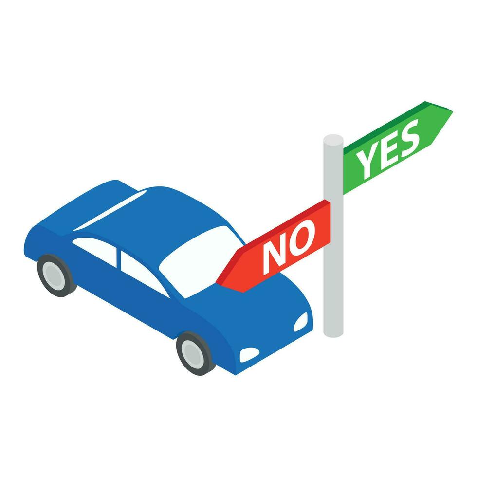 Choosing direction icon isometric vector. Car in front of road direction sign vector