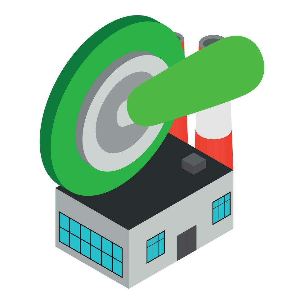 Production launch icon isometric vector. Factory building and green switch up vector