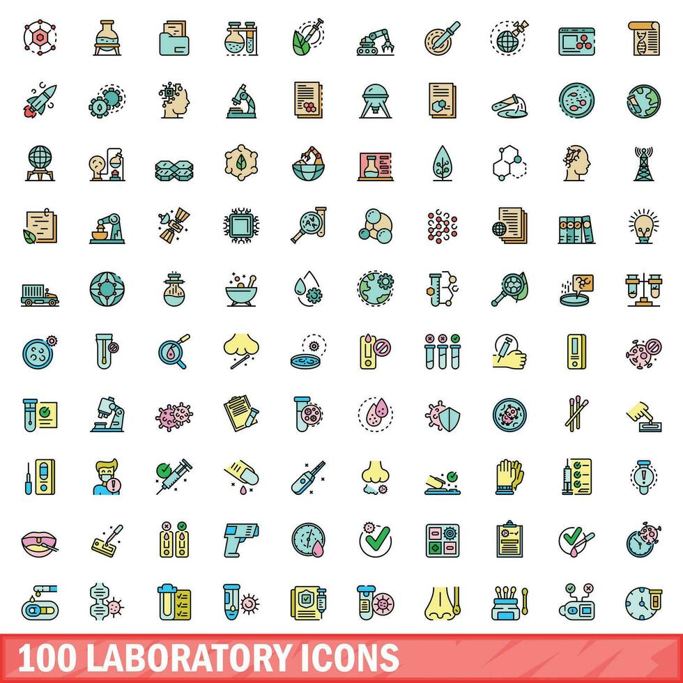 100 laboratory icons set, color line style vector