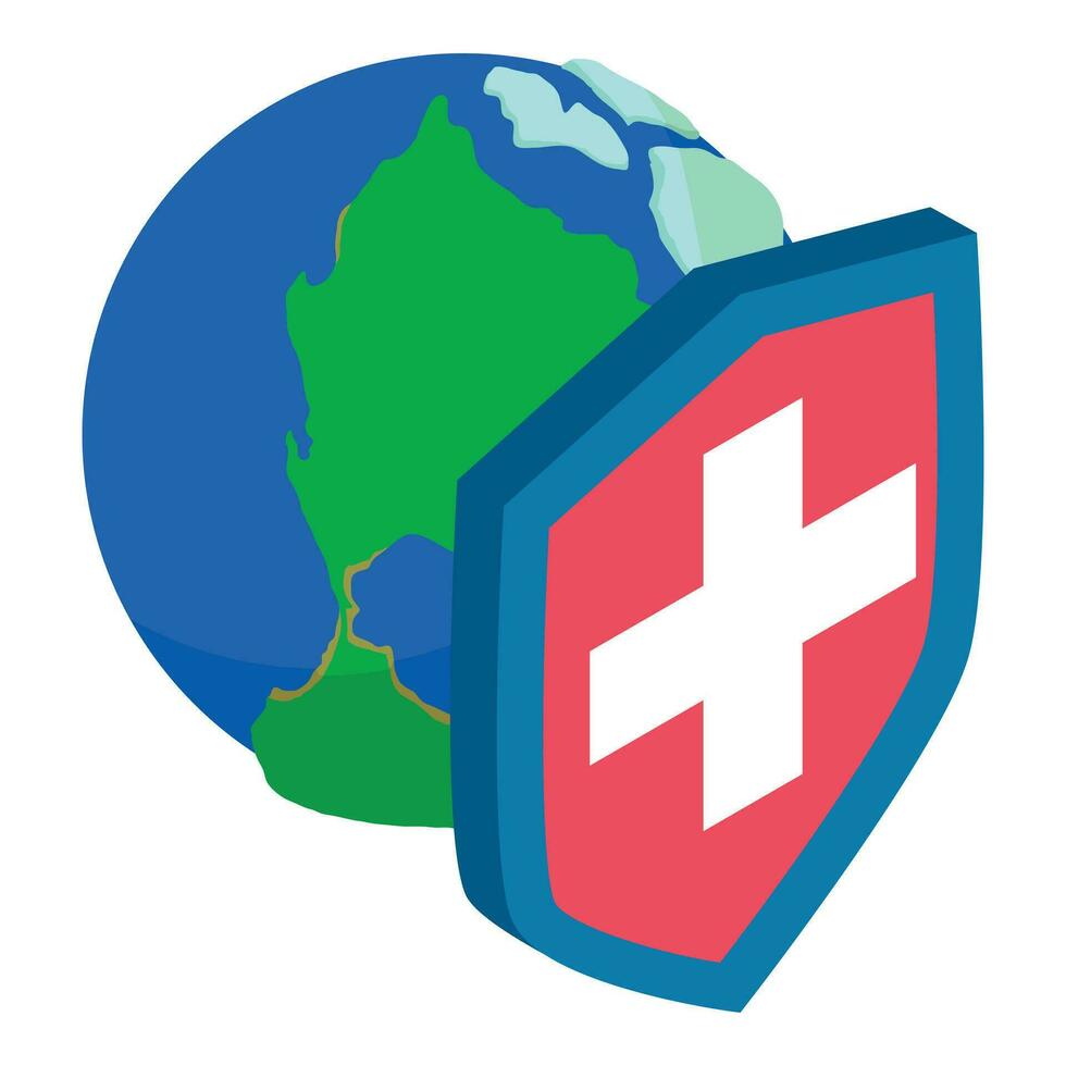 Environment protection icon isometric vector. Planet earth behind shield icon vector