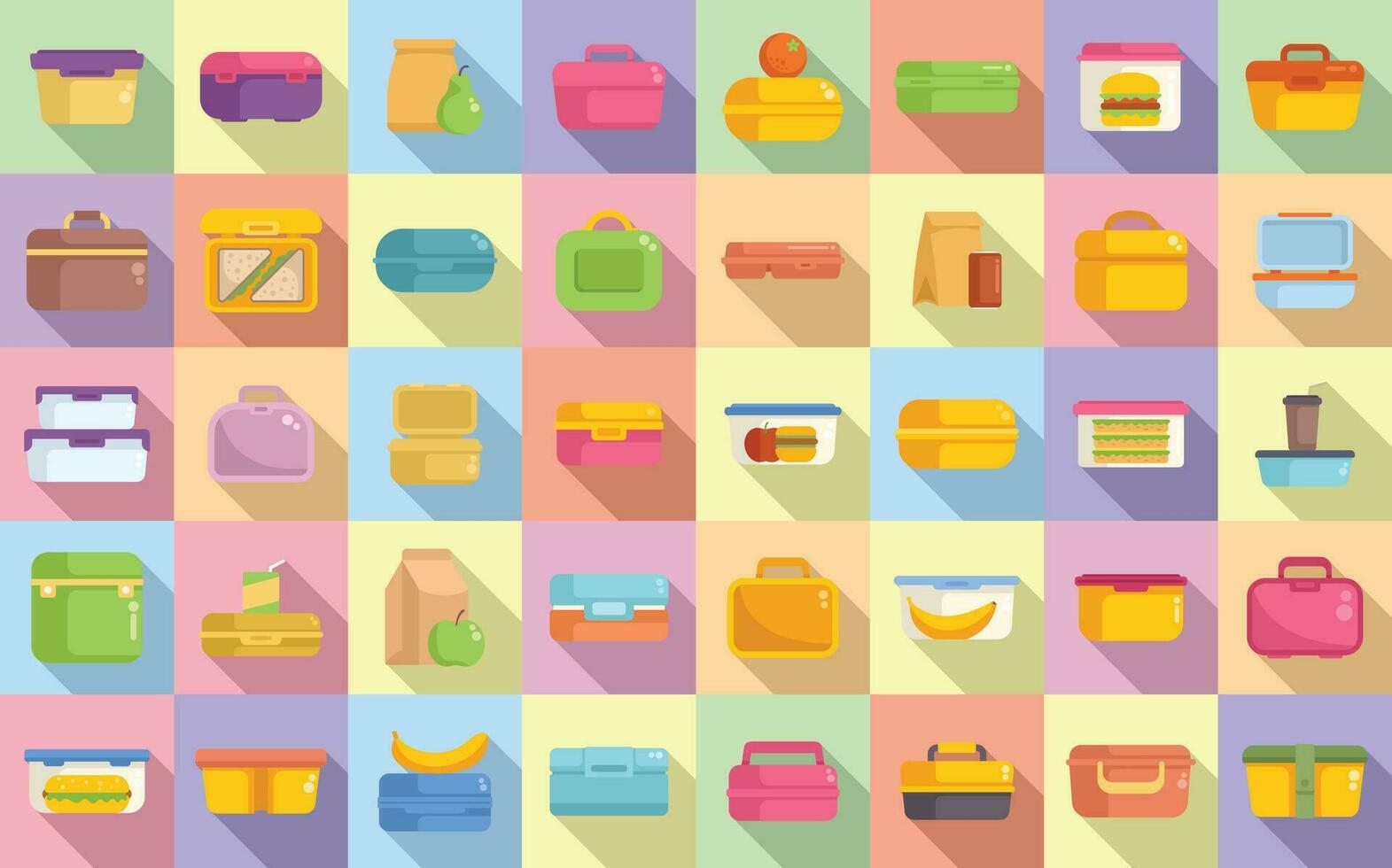 Kids lunch box icons set flat vector. Snack kid vector