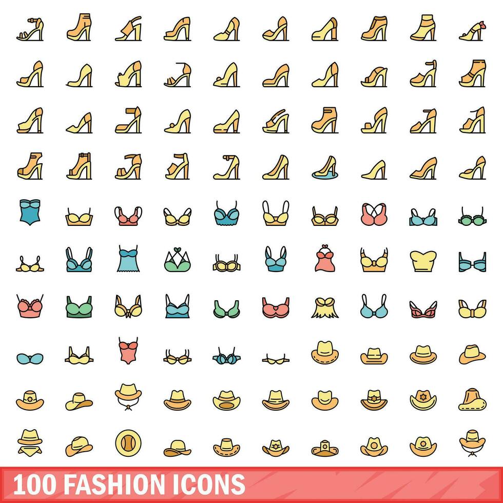 100 fashion icons set, color line style vector