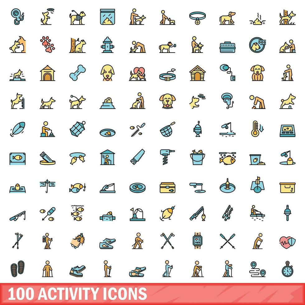 100 activity icons set, color line style vector