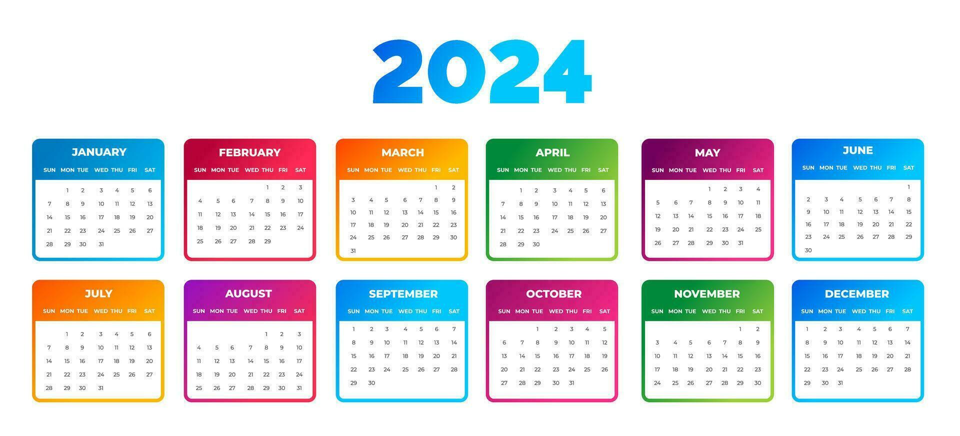2024 colorful Calendar Desktop Planner Template set. Corporate business wall or desk simple Planner 2024 colorful calendar with week start Sunday.  Set of 2024 Calendar Planner Template bundle. vector