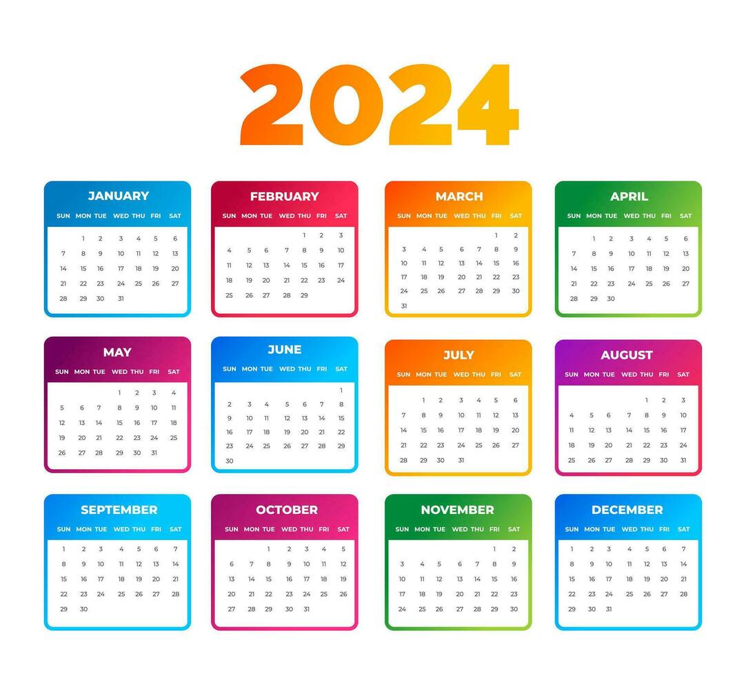 2024 colorful Calendar Desktop Planner Template set. Corporate business wall or desk simple Planner 2024 colorful calendar with week start Sunday.  Set of 2024 Calendar Planner Template bundle. vector