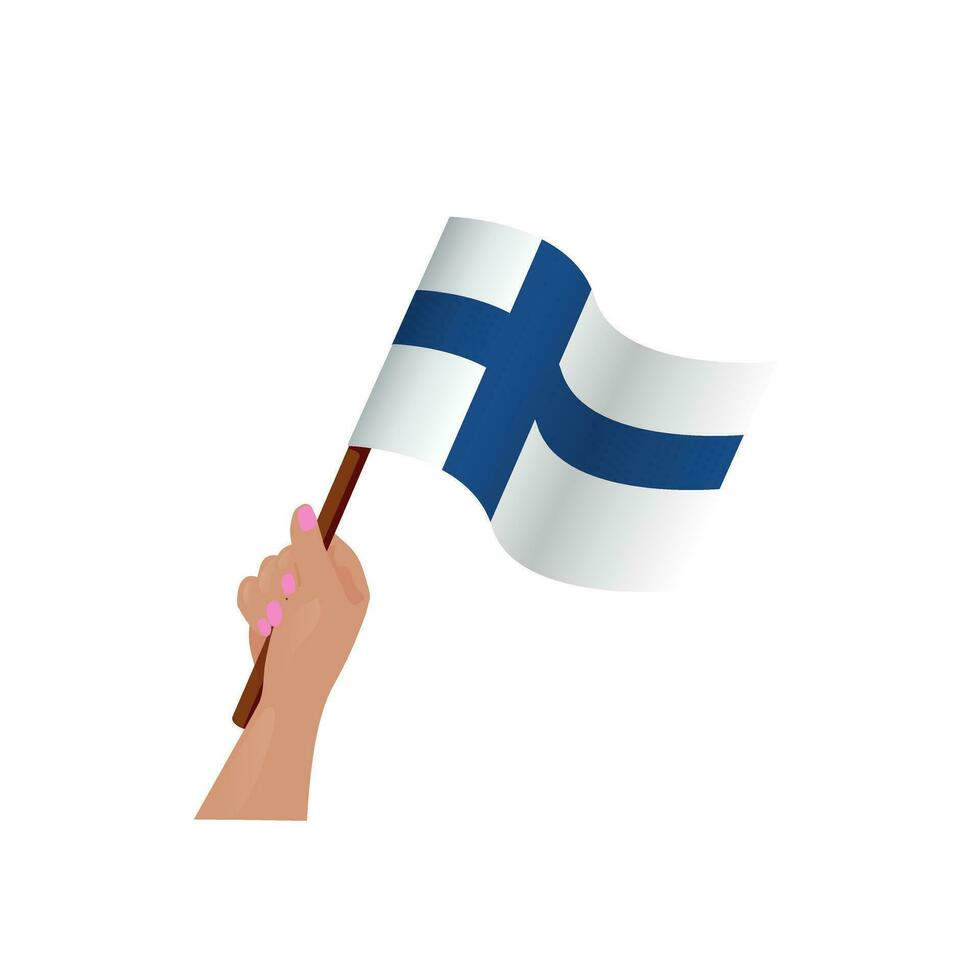 Hand holding and waving the national flag of Finland. Fans, independence day, patriotic concept.  finnish flag in hand. Vector illustration, eps 10.