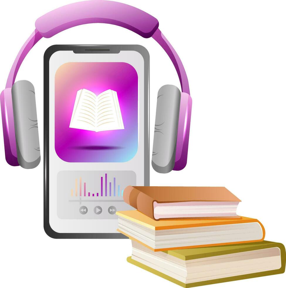 teléfono inteligente solicitud para escuchando audio libros, auriculares, teléfono y apilar de libros aislado en blanco antecedentes. en línea biblioteca, aplicación para estudiando, audio libro o podcast. vector ilustración