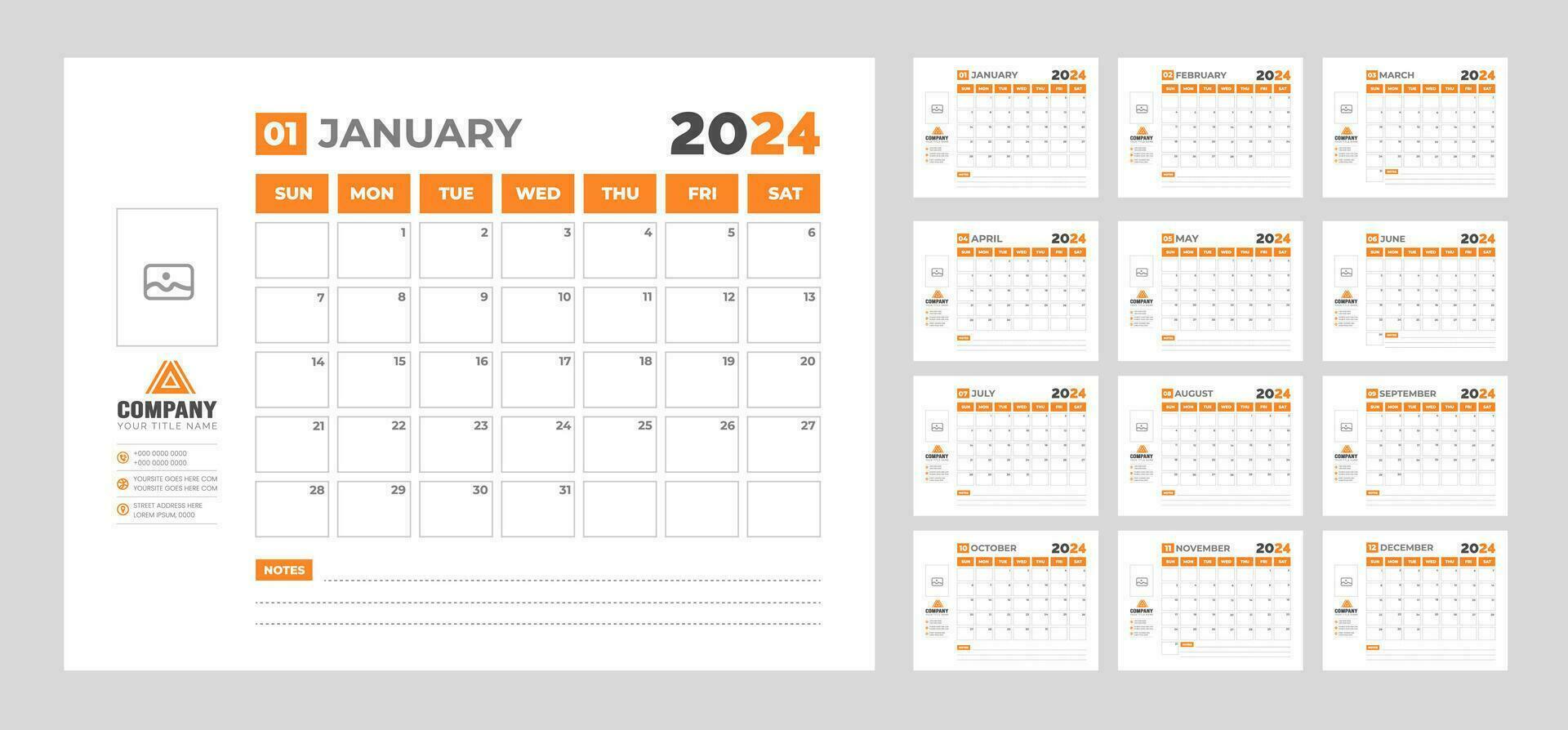 2024 calendario escritorio planificador modelo. corporativo negocio pared o escritorio sencillo planificador calendario con semana comienzo domingo. conjunto de 2024 calendario planificador modelo con sitio para foto y empresa logo. vector