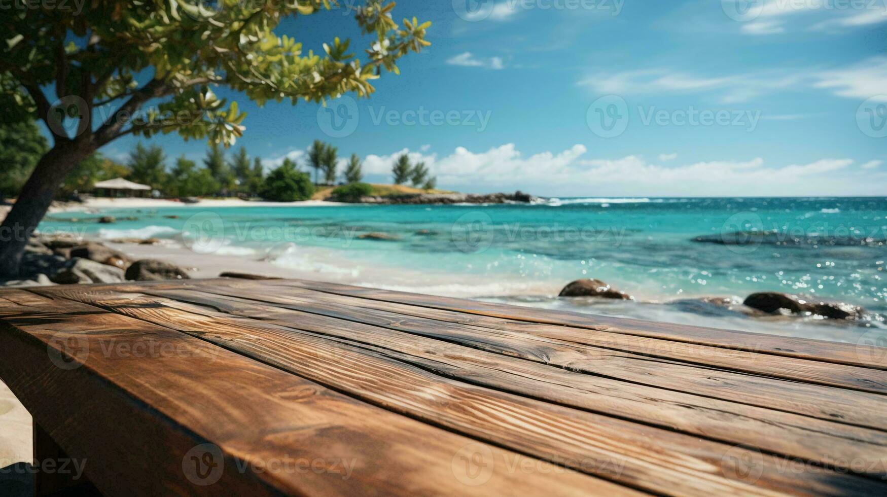 Wooden table on background of a beach and sea in relaxing holiday surrounded by palm trees in a tropical warm country resort photo