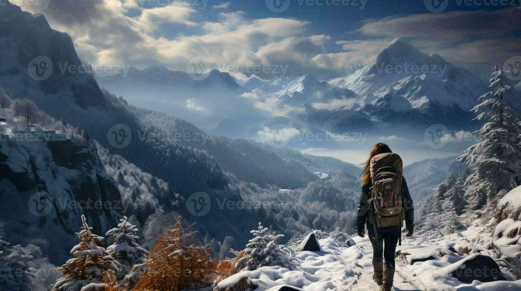 A tourist rock climber stands on the top of a snowy mountain. Rock climbing tourism concept photo