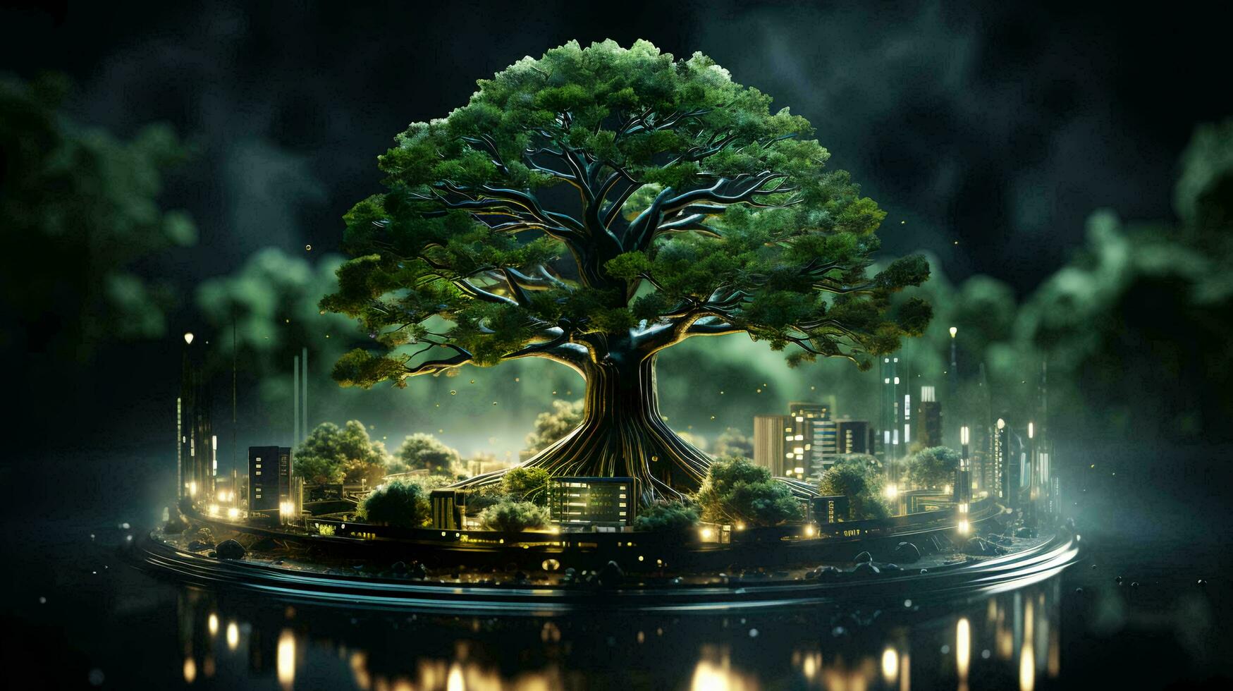 Green natural eco-friendly tree and computer technology on an abstract high-tech futuristic background of microchips and computer circuit boards with transistors photo