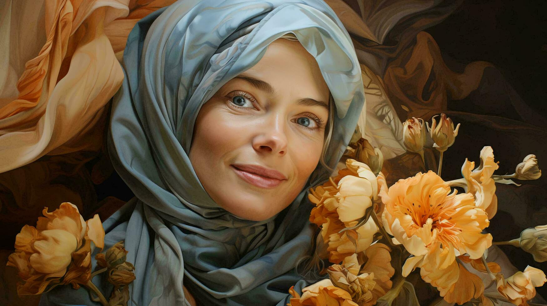 Beautiful adult woman in headscarf face closeup photo
