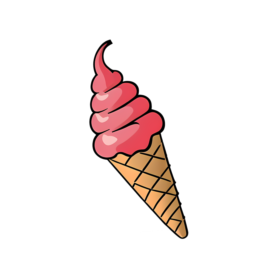 Strawberry Ice Cream with Cone Hand Drawn Cartoon Style Illustration AI Generated png