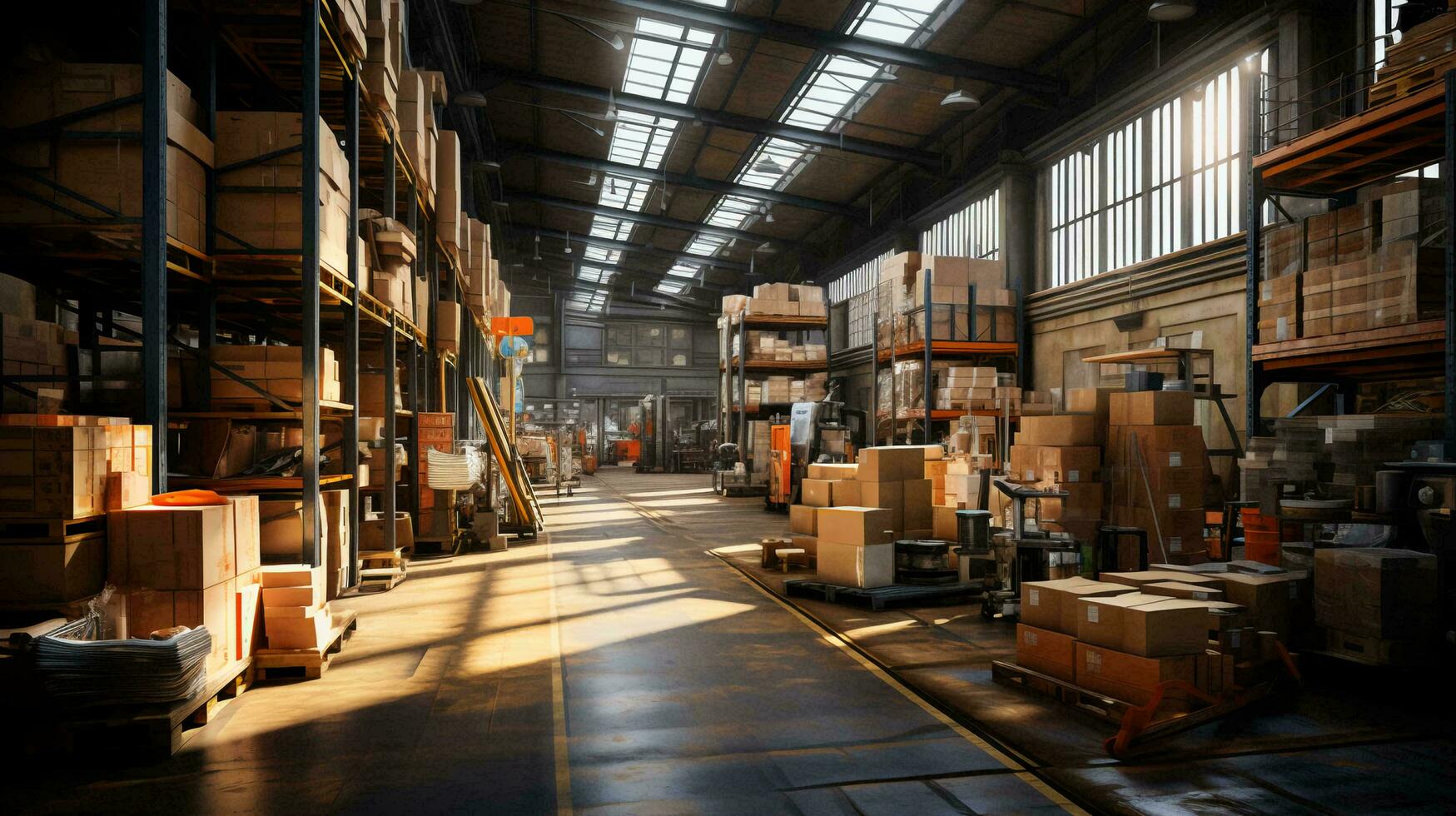 Large spacious warehouse with goods in cardboard boxes. The concept of logistics for storing and delivering goods around the world photo