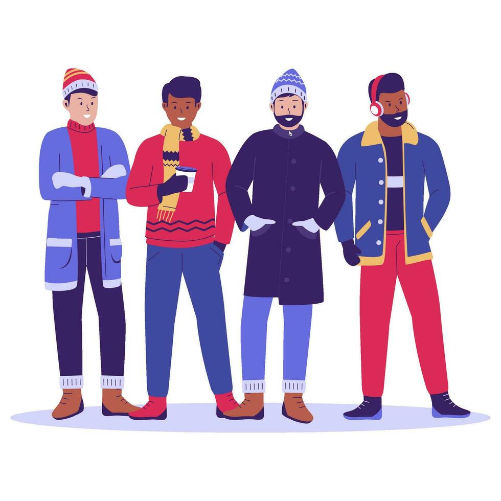 Group of man people in winter clothes. WInter people collection. Flat design illustration vector