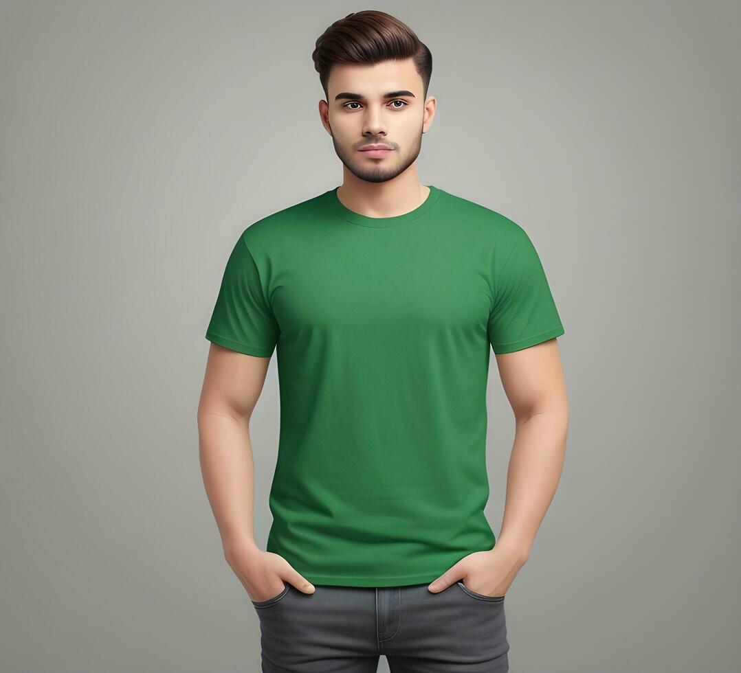 Young man wearing blank green t shirt mockup print presentation mockup ai generate photo