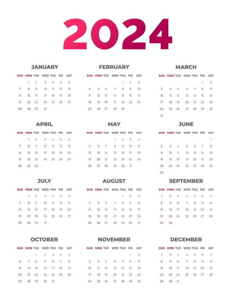 2024 Calendar vector illustration. week starts on Sunday, Simple planner design template, 2024 year corporate business calendar design template. use to wall, desk or business planner calendar 2024.