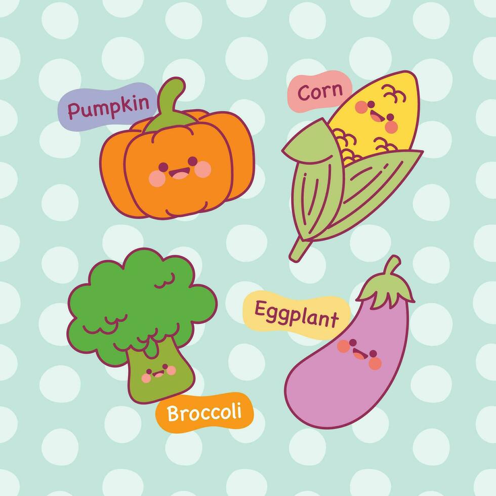 flat design vector cute colorful kawaii veggie vegetable hand drawn illustration collection set