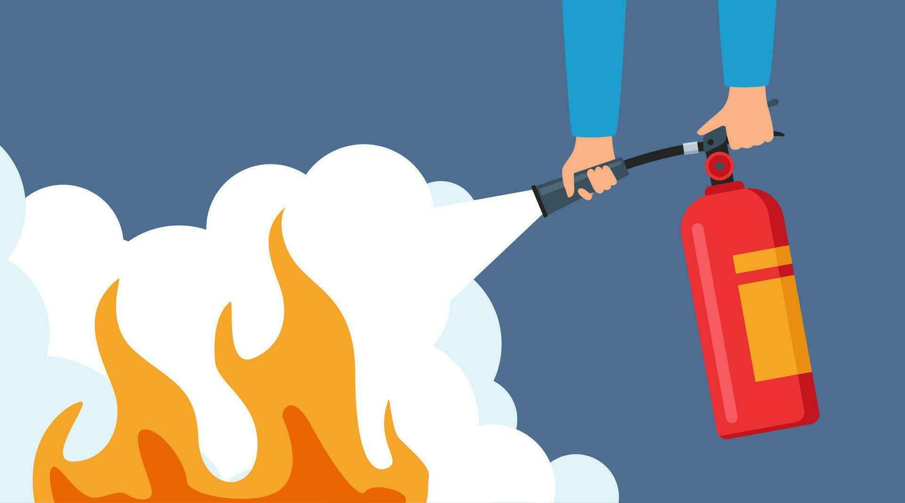 Fire extinguishing. Hands holding autonomous red fire extinguisher foam spills onto fire. Safety concept, protective warning. Vector