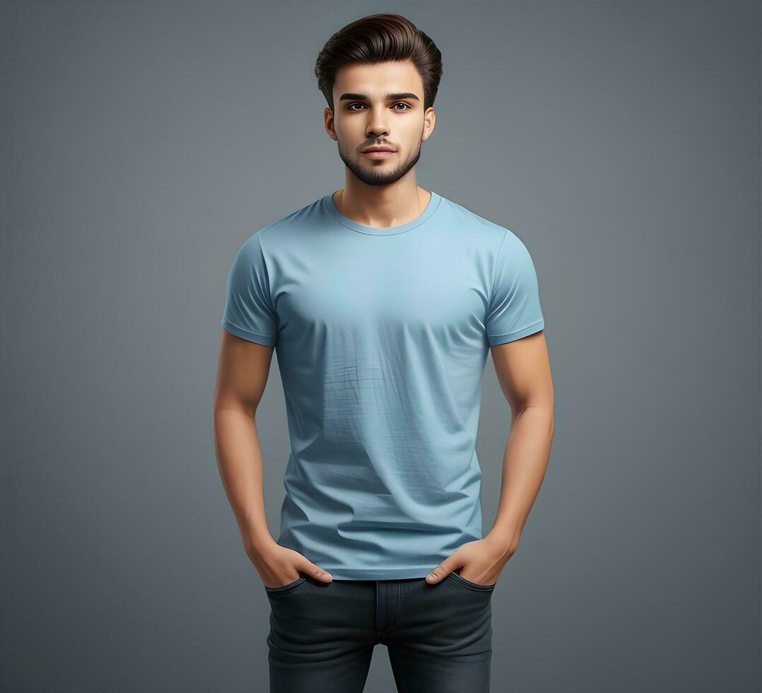 Young man wearing blank light blue t shirt mockup print presentation mockup ai generate photo