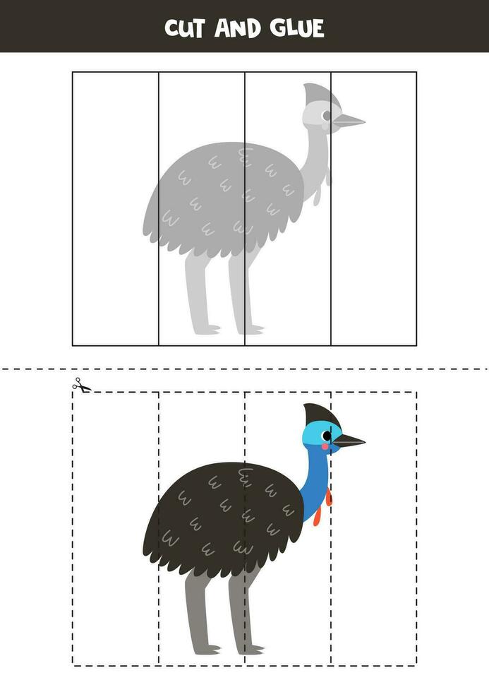 Cut and glue game for kids. Cute cartoon cassowary. vector