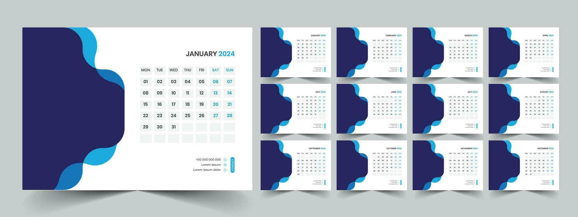 Calendar 2024 planner corporate template design set. Week starts on Monday. template for annual calendar 2024 vector