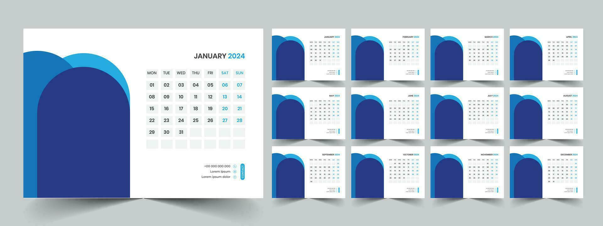 Calendar 2024 planner corporate template design set. Week starts on Monday. template for annual calendar 2024 vector