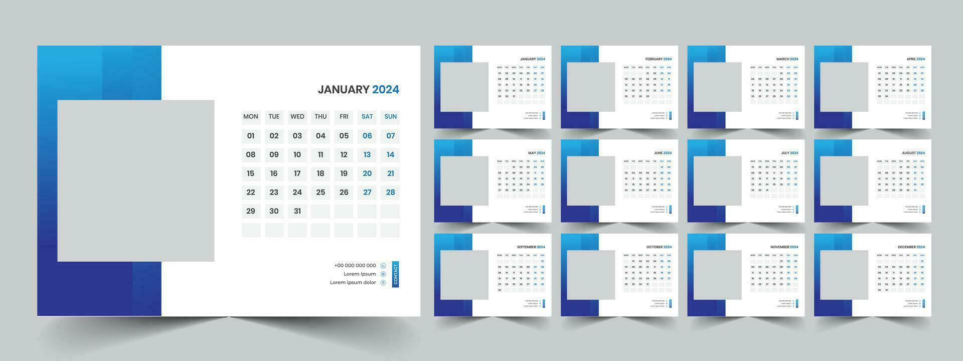 calendario 2024 planificador corporativo modelo diseño colocar. semana empieza en lunes. modelo para anual calendario 2024 vector