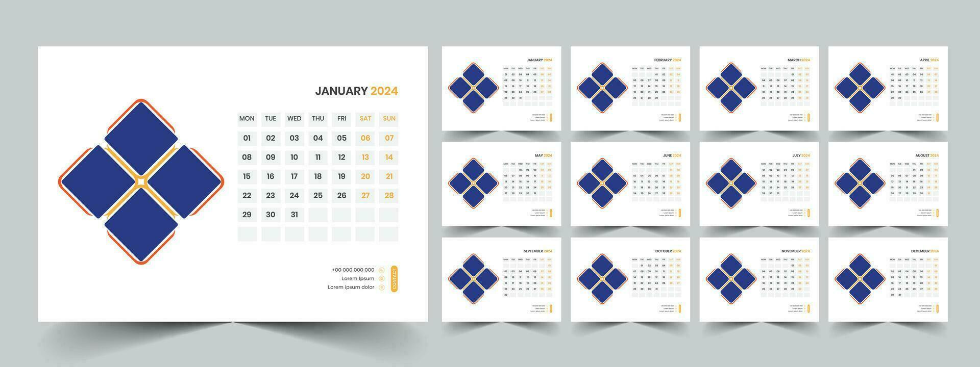 Calendar 2024 planner corporate template design set. Week starts on Monday. template for annual calendar 2024 vector