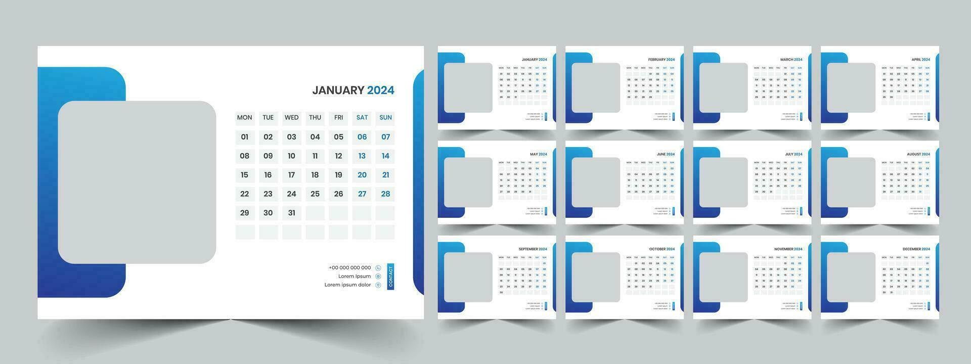 Calendar 2024 planner corporate template design set. Week starts on Monday. template for annual calendar 2024 vector