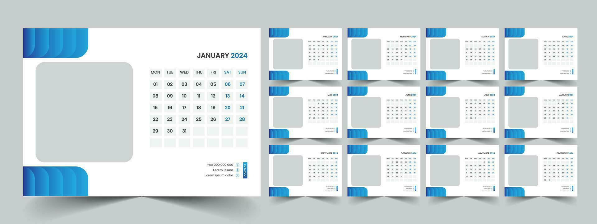 calendario 2024 planificador corporativo modelo diseño colocar. semana empieza en lunes. modelo para anual calendario 2024 vector